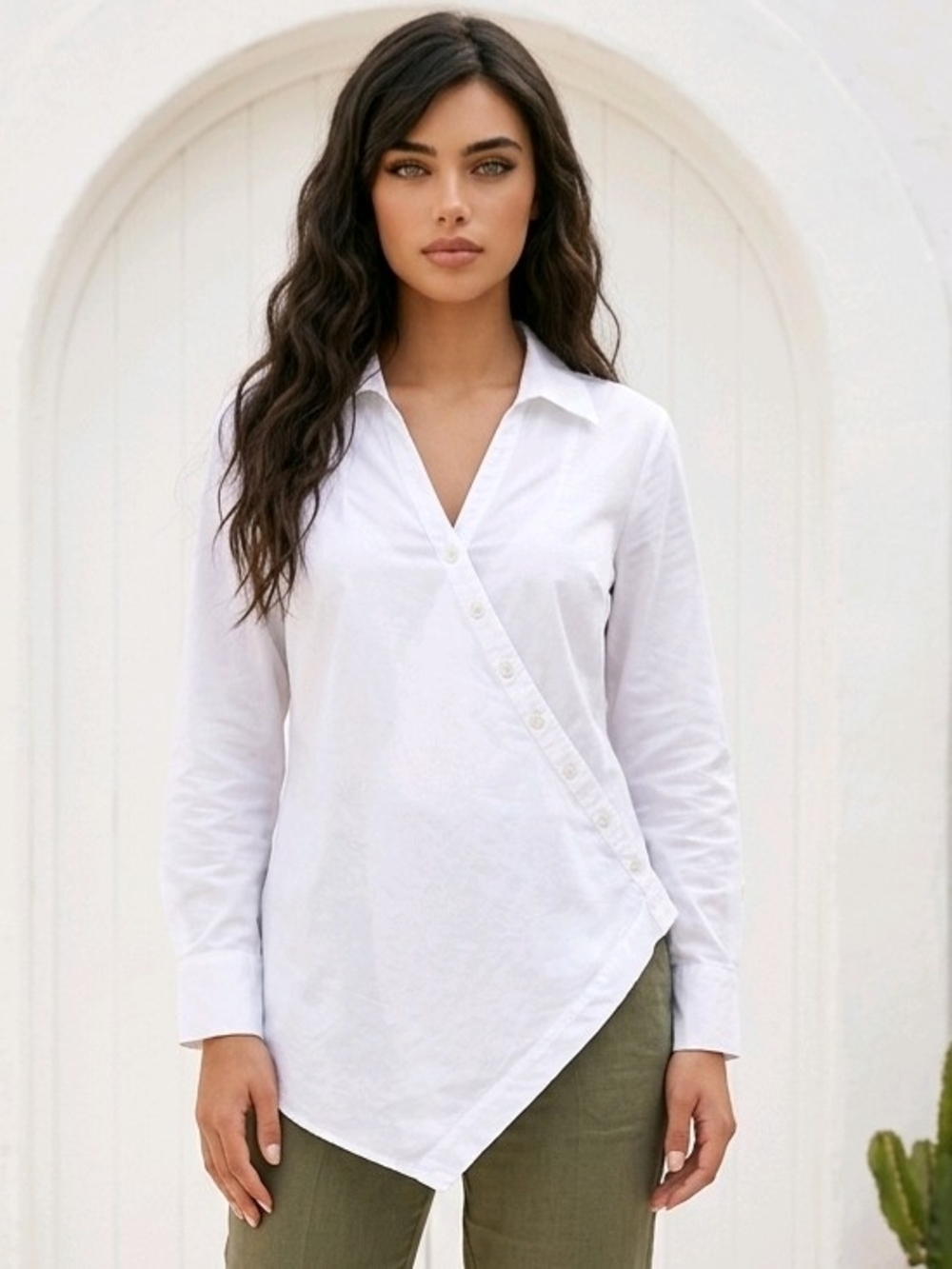 Soft Surroundings White Wrap Button-Down Collared Blouse 1X Deep V Neckline EUC
